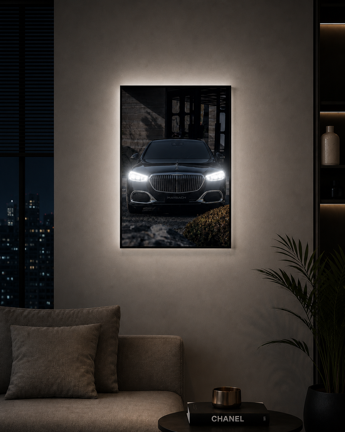 ZYBAR LED wall art illuminated at night